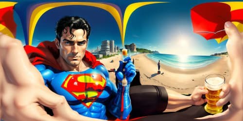 SUPERMAN relaxing at the beach drinking beer from a stein