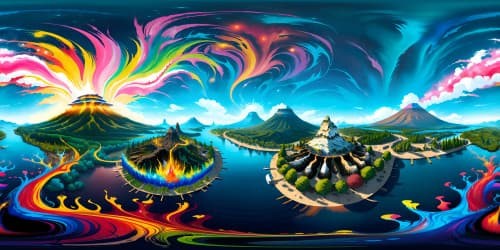 Ultra high-resolution VR360 view, volcano Island, grandeur, fiery eruptions painted with finesse, omnipresent molten lava, smoky ash clouds. VR360 panorama, digitally painted masterpiece, vivid colors, striking contrasts.