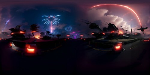 VR360 battlefield panorama, future warfare, advanced weaponry. Neon streaks, hovering drones, broken mechs. Scattered debris, smoke plumes, eerie crimson sky. Pixar-style, sharp ultra-high-res rendering, intriguing depth. VR360 masterpiece, detailed, bold colors, dramatic lighting.