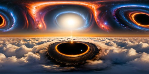 A colossal, mind-bending depiction of the Gargantuan black hole from "Interstellar," featuring swirling accretion disk, radiant lights bending around event horizon, a cosmic masterpiece in ultra high resolution, detail unrivaled, evoking the edge of the universe.