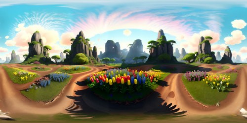 VR360 masterpiece-quality scenery, dew-kissed giant clovers, vibrant tulips, ultra high-res textures. VR360 rock formations, trickling brooks, dreamy sky with cotton clouds, Pikmin 1-inspired visuals. Ultra richness of colors, textural depth, elegant strokes, detailing.