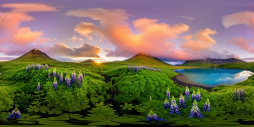 Icelandic summer landscape at dawn, enveloped in a serene morning fog, where tranquil reflections shimmer in vibrant opaque aqua mountain ponds and lush tundra adorned with blooming lupine flowers, with distant highland peaks under a stunning sunrise painting the vast horizon. Flawless, unrivaled quality, and ultra high resolution capture the essence of this tranquil masterpiece.