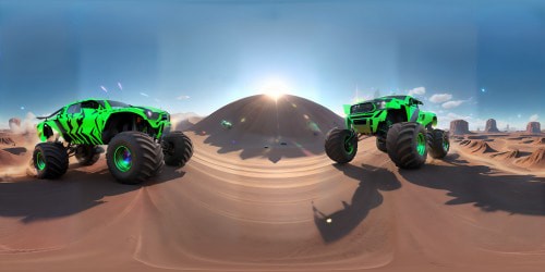 Monster trucks driving through a jelly desert 