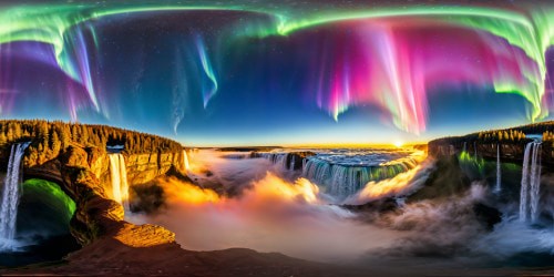 A breathtaking, flawless landscape of a surreal alien world, featuring towering crystalline formations, dancing iridescent lights, cascading waterfalls, and a shimmering aurora illuminating the sky, ultra high resolution.