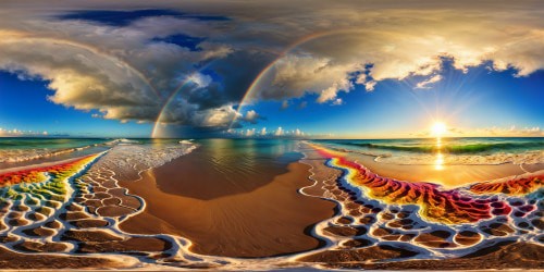 On a flawless, sun-kissed beach, a talented artist creates intricate fractals in the sand using rainbow-colored grains, the vibrant patterns dancing under the brilliant sunshine in ultra-high resolution, a true masterpiece of artistry by the shore.