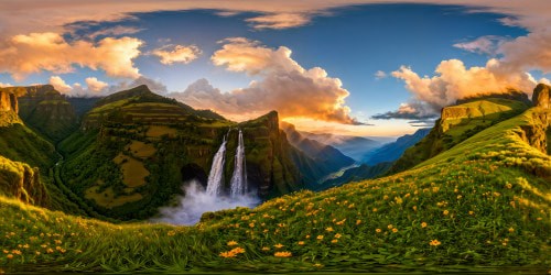 Vivid ultra-high-resolution artwork showcasing the Ethiopian highlands, with terraced verdant valleys, cascading waterfalls, sun-kissed cliffs, vibrant wildflower meadows, and dynamic swirling clouds under a golden sunrise.