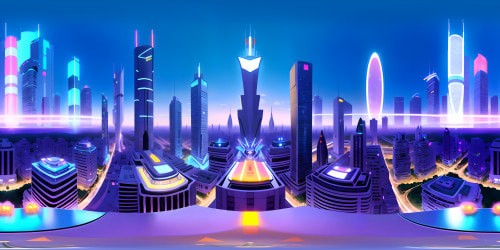 Futuristic cityscape, ultra-high resolution VR360, towering skyscrapers, smooth chrome surfaces, neon glows. Innovative, sustainable architecture, floating holographic billboards. Style: sleek, digital mastery. VR360 panoramic view, city lights against starlit sky.
