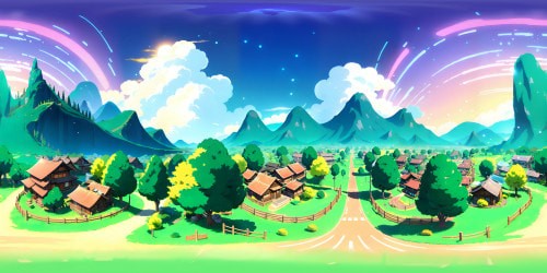 Anime-style landscapes, ultra high-res detailing, VR360 panoramic vistas. Sakura tree groves in full bloom, soaring mountaintops, effulgent skies, spiraling clouds. Energetic cityscapes, neon-lit at night, picturesque rural areas. Bold, vibrant color palette, intricate linework, classic anime aesthetic. Dynamic lighting for immersive VR360 experience.