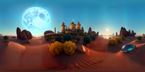 VR360 treasure island, luminous full moon, shimmering azure sea, glowing pearls amidst the sands. Combination of Pixar-style animation, high contrast colors, ultra high-resolution textures. Captivating blend of realism and fantasy, creating a VR360 visual spectacle.