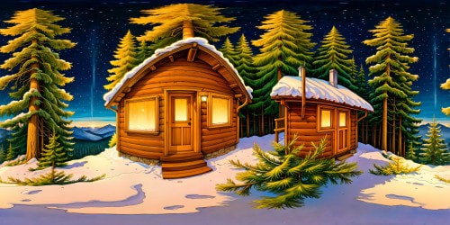 A meticulously crafted wooden cabin nestled in a pristine snowy forest, glistening icicles, warm golden light streaming through frosted windows, snow-covered pine trees standing sentinel under a flawless starlit sky.