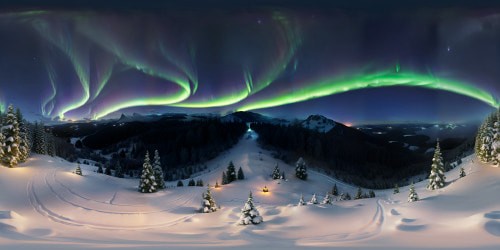 VR360 masterpiece ultra high-res. ultrarealistic nighttime snow dusted mountain overlook.  forest valley panorama. dark and clear night sky with northern lights. remote wilderness. late night hour