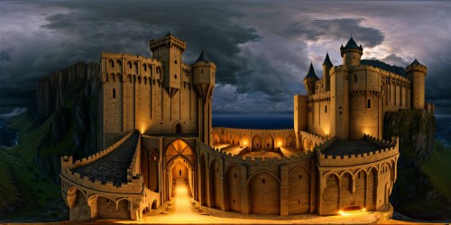 The imposing fortress of Helms Deep, rendered in breathtaking ultra-high resolution, captures the intricate stone walls, towering battlements, flickering torchlight reflecting off weathered stone, and a starlit sky with ominous storm clouds, immersing you in the epic grandeur of Middle Earth.