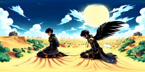 a man with huge black feather wings (kneel down on desert)