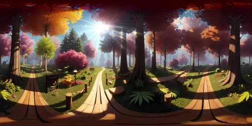 Ultra high-res VR360 immersion, Hyperrealism, masterpiece quality. Extensive forest scene, rich textural elements. Intense marijuana leaf pattern, inlaid with subtle smile designs. Identifiable, lively wood grain patterns, whimsical, visual narratives.