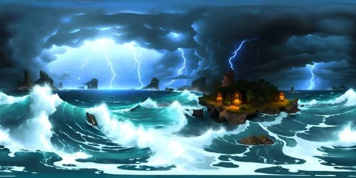 endless ocean at night with thunder and lightning storm and large crashing waves