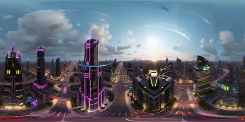 Ultra high-res VR360 cityscapes, towering skyscrapers. VR360 landscapes, rolling hills, serene lakes. Masterpiece quality, minute detailing, vivid colors, contrasting shadows. Best quality, surrealistic style.