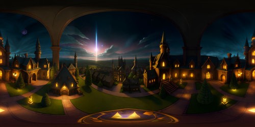 VR360: Centuries-old, adorned Gryffendor common room, cozy, saturated warm hues, towering stone fireplace. VR360: Towering windows, vast night sky, diamond-dusted stars, Hogwarts silhouette. Style: Ultra-high-resolution, masterpiece, intricate detailing, Pixar-inspired, magical realism.