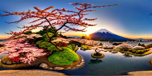 A mesmerizing sakura garden, vibrant blossoms in full bloom, serene koi pond, majestic Mount Fuji in the backdrop, clear blue skies, perfect spring day captured in ultra high resolution, an exquisite masterpiece of Japanese beauty.