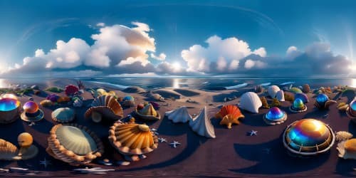 Ultra-high resolution VR360 panorama, pristine sandy seashore. Giant seashells, seaweed-draped driftwood, spectacle of sun meeting ocean, the horizon ablaze, a dance of gold, crimson. Evocative of a Pixar-style masterpiece, VR360 visual splendor