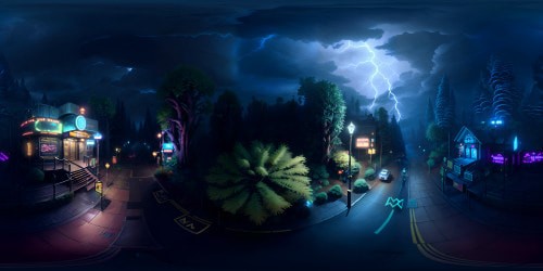 Masterpiece-quality, Stranger Things-inspired VR360 scene. Ultra-high-resolution. Dark, ominous woods, dazzling neon signage. Empty, hazy arcade, vintage games glowing softly. Dramatic, stormy sky overhead, intricate lightning patterns in VR360 view. Flickering, floating particles, supernatural elements. Pixar-like animation style, emphasis on intense colors, intricate