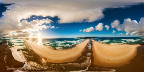 A pristine, flawless sandy beach with colossal glassy waves primed for surfing, crystal-clear azure waters, radiant golden sunlight reflecting off towering crests, immersive, highly detailed scene in ultra high resolution.