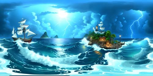 endless tropical ocean at night with thunder and lightning storm and large crashing waves