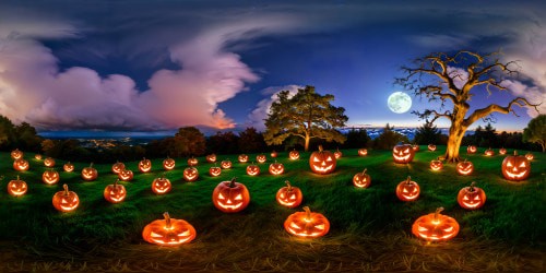 Immersive ultra-high-res digital artwork of a flawless Halloween suburban scene under moonlit night, showcasing glowing jack-o'-lanterns, eerie mist enveloping the immaculate lawns, twisted tree silhouettes against the full moon, and chilling shadows creeping across the meticulously trimmed grass.