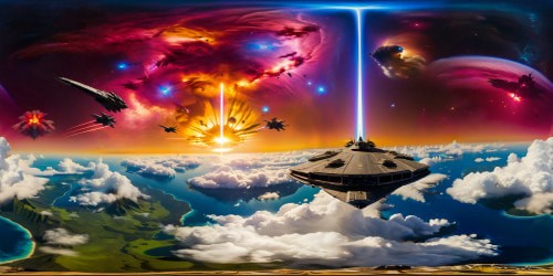 Epic space battle above a planetary system, massive star destroyers exchanging turbo laser fire, colorful explosions amidst swirling nebulas, intricate metallic ships and fighters in crisp, ultra high resolution perfection.