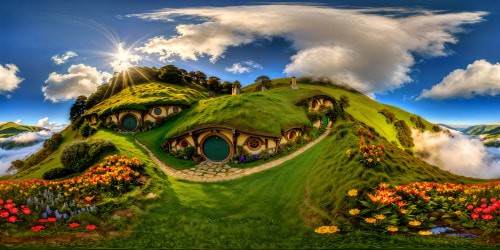 Rolling emerald hills of the Shire under a flawless sunny sky, vibrant hobbit holes dotting the landscape, intricate details of colorful flowers and lush vegetation, pioneering the ultimate 8K Middle Earth experience.