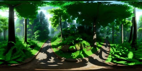 Masterpiece quality, ultra-high resolution, VR360 panorama, lush, rainy forest, towering trees veiled in mist, verdant foliage glistening with raindrops, dappled light filtering through dense canopy, color transitions - vibrant green to deep emerald, style - hyper-realism.