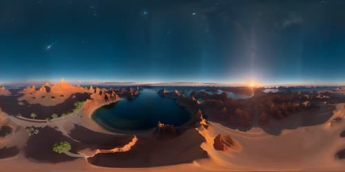 floating in the middle of an infinite deep blue ocean at night with sunsetting in the horizon with clear sky and shooting stars viewed from the sky