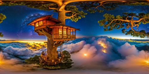 In the canopy of the majestic World Tree, a bustling village flourishes; wooden homes intricately crafted, bathed in the soft glow of ethereal lanterns, exuding a cozy and enchanting ambiance beneath a canopy of stars and moonlight.