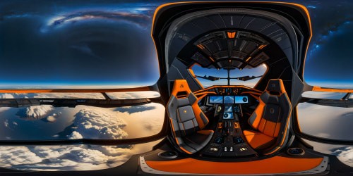 A flawlessly designed, cutting-edge spaceship command center in ultra high-res VR360, sleek black interiors with neon orange accents, showcasing symmetrical screens and intricate controls under volumetric lighting, presenting a flawless 18k panorama of outer space.