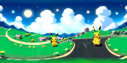 Masterpiece quality, ultra HD resolution, VR360 view. Pikachu, Eevee, in vivid Pokémon style. Focus: characters, electrified clouds, fluffy Eeveelutions. Fantasy night sky backdrop for immersive VR360 experience.