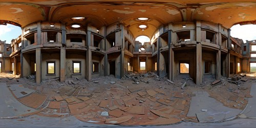 Masterpiece-quality ruins, ultra-high resolution, VR360 view of advanced decay. High-tech derelict architecture, oxidized alloys, fractured silicon panels. VR360 panorama, sublime desolation, intricate digital painting style.