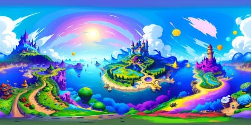 Ultra-high res VR360 view, Mario World aesthetics, vivid colors, cartoonish landscape, Pipe World towers, fluffy cloud formations, floating green platforms, starry sky backdrop, Princess Peach's castle silhouette, rainbow road arc. A masterpiece of VR360 pixel art.