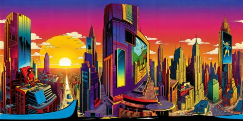 Vibrant cityscape of Marvel Comics world, towering skyscrapers melting into vibrant sunset, holographic billboards reflecting on slick wet streets, neon lights illuminating a flawless blend of futuristic and traditional architecture; a highly detailed masterpiece captured in ultra-high resolution.