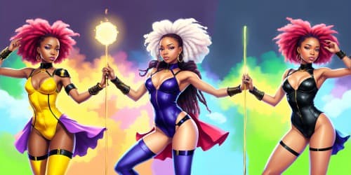 four african american women wearing leotards. they are sorceresses: one has dreadlocks. she is carrying a glowing mace