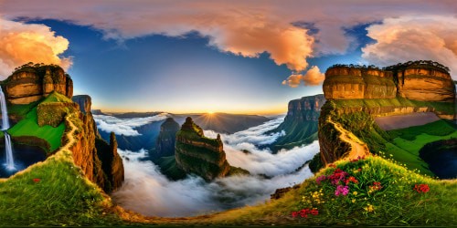 An exquisite, flawlessly detailed panoramic view of the Simien Mountains in Ethiopia, bathed in the warm hues of sunrise, with terraced emerald valleys, glistening waterfalls, majestic cliffs, blooming wildflowers, and billowing clouds in ultra high resolution, an absolute masterpiece of natural splendor.