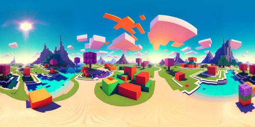 Pixelated VR360 paradise, vibrant blocks, multilayered landscapes, infinite Minecraft universe. Detailed terrain, lush pixel trees, geometric clouds, square sun glimmer. Simple brilliance, VR360 pixel art, high-res Minecraft style.