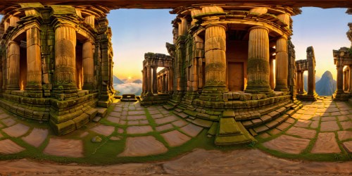 Immaculately detailed ancient temple ruins bathed in the golden light of dawn, rich moss-covered stone structures, intricate carvings and columns, distant misty mountains shrouded in ethereal beauty, ultra high-definition resolution capturing every minuscule detail, an artistic masterpiece to behold.