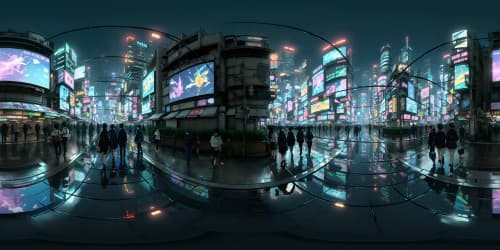 VR360 Neo-futuristic cityscape, towering neon structures, shimmering holographic billboards, reflective rainy pavements, backdrop of star-studded sky. Cyberpunk Edgerunners aesthetics, maximalist details, ultra-high-resolution, visual masterpiece.