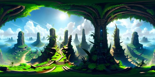 VR360 prehistoric jungle lushness, towering ancient trees, oversized ferns. Ship wreckage, futuristic yet in ruins, nestled against nature's green. Sunset radiance bathing scene, ultra-high resolution textures, masterpiece details. VR360 view of cinematic perfection, stunning contrasts, a digital painting.