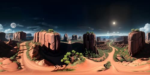 Masterpiece quality, VR360 badlands vista. Ultra high-resolution, dramatic protruding mesas, chaotic rock formations. Stark shadows, rugged topography. Enthralling sunsets, saturated coloring. Style: hyperrealism, meticulous detail, stark contrasts. VR360 immersive, evocative.