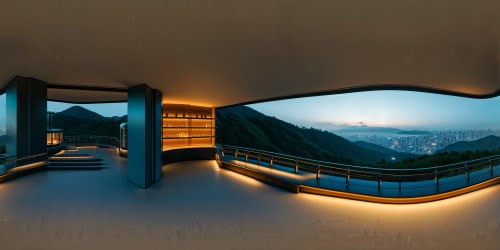 view from the balcony of an ultra futuristic Edo-modern inspired home on a densely forested hill of Japan, at dusk. other ultra futuristic luxury Edo-modern homes can be seen nestled among the hills in the foreground and in the distace, the warm light from the glowing like candles. Tranquil, uplifting atmostphere.