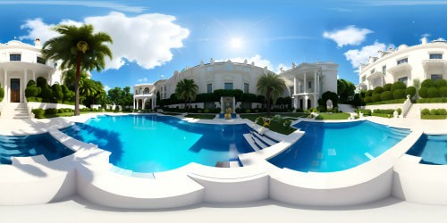 Masterpiece realistic VR360 perspective, ultra-high-res, White House pool, delicate water ripples, sunlit marble tiles. Pearl reflection, royal-blue water, ornate pillars, lush surrounding flora. Style: hyper-realistic, intricate detailing, bold saturation, VR360 artistry.