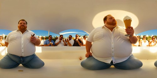 A sumptuously detailed portrait of a fat and obese figure in a pristine white shirt and jeans, indulging in creamy ice cream under the flawless golden light, highlighting every texture and contour in ultra-high resolution perfection.