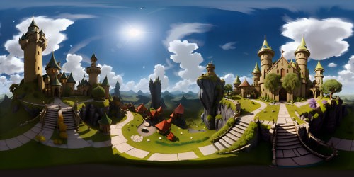 Fantasy castles with fairy dragons flying and walking around 