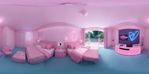 VR360 ultra high-res, pink neon-lit bedroom. Pink bed in masterpiece quality, holographically textured. Pink desk with pink computer, realism style. Pink plushies, optimal quality. VR360 pink-themed space, hyperrealistic detailing.