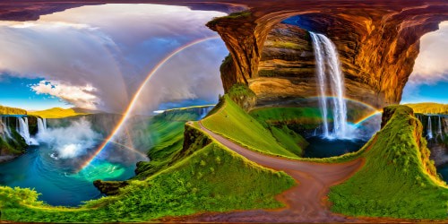 An awe-inspiring natural wonder set beneath a sky-piercing rainbow, where dramatic waterfalls cascade down colossal cliffs into glass-like lakes, surrounded by a flourishing emerald wilderness, captured in flawless ultra-high resolution, a true masterpiece of nature's grandeur.